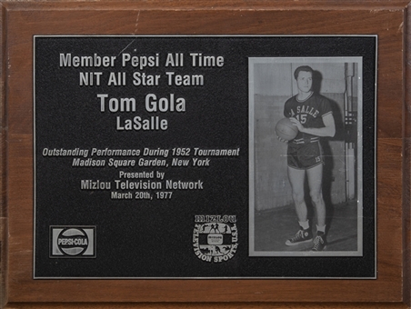 1977 Tom Gola La Salle NIT All Star Pepsi All Time Team Plaque (Gola LOA)